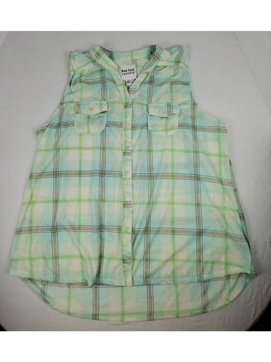 New York Laundry Tops - Women's Size 3X Sleeveless Button-Down Green/Blue Plaid Blouse New York Laundry